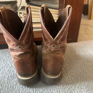 Justin Boots Brown Leather Western Ankle Booties with Pink Stitching